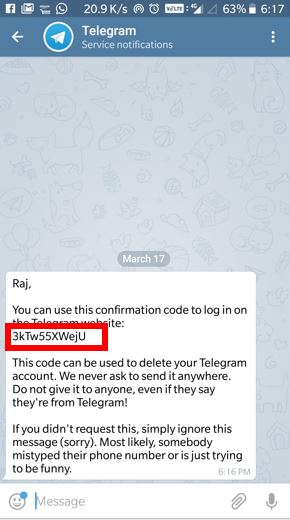 کدی که برای اکانت تلگرام ارسال می شود